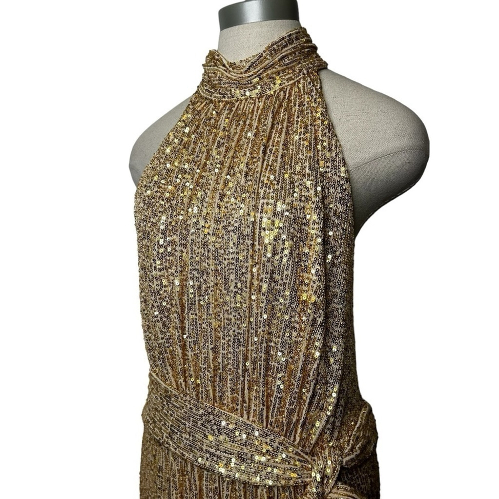MAC DUGGAL 11281 Gold Champagne Sequin Halter Neck Belted Soft Tie Maxi Dress 14 - Picture 7 of 15